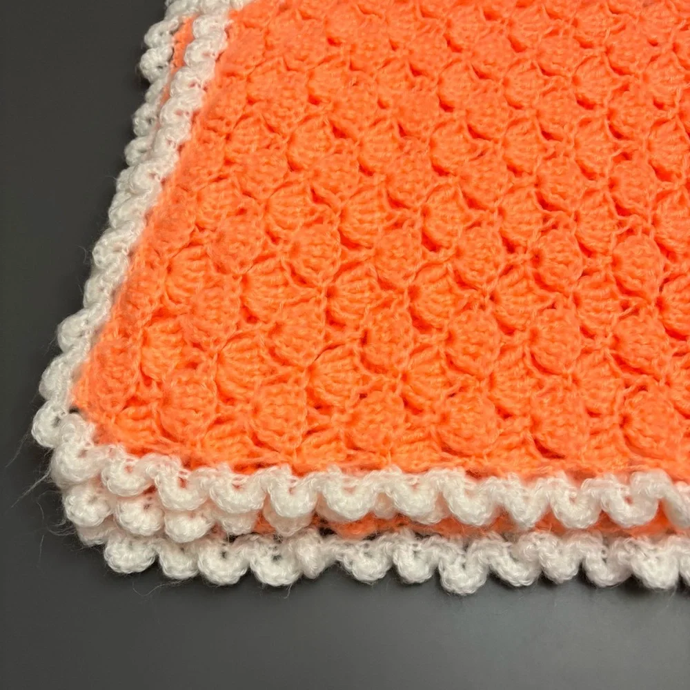 Handmade Crochet Baby Blanket Shell Stitch Coral Orange Newborn Gift VINTAGE 4’